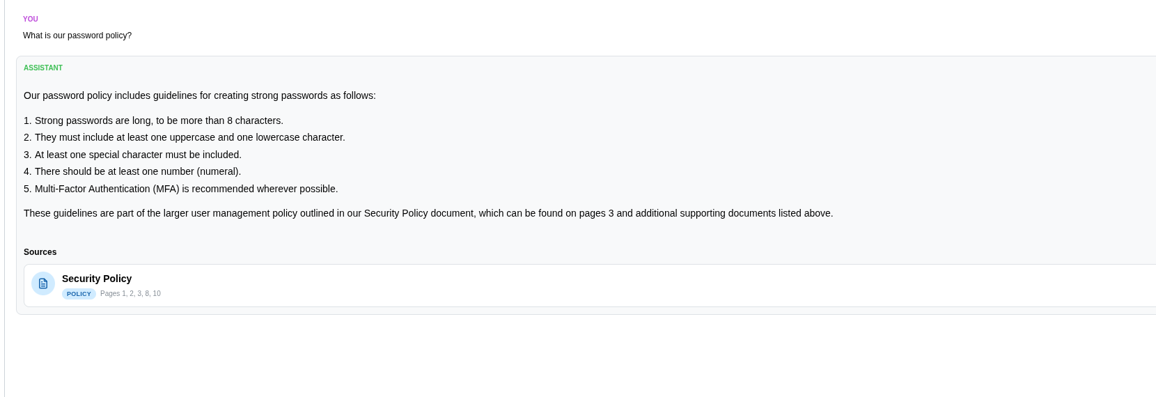 AI assistant answer with cited Security Policy source and page numbers