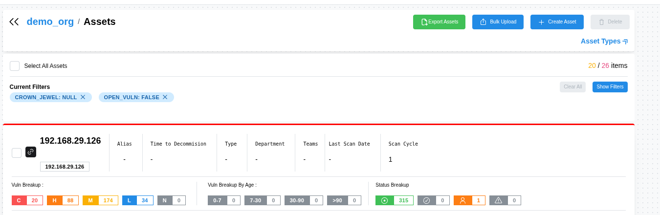 Asset registry table with hosts, departments, and scan status