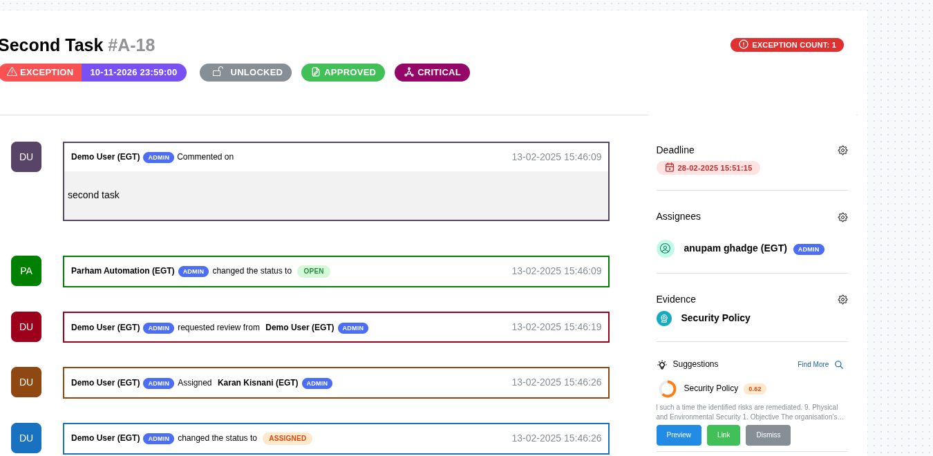 Audit issue with activity trail, linked evidence, and reviewer list