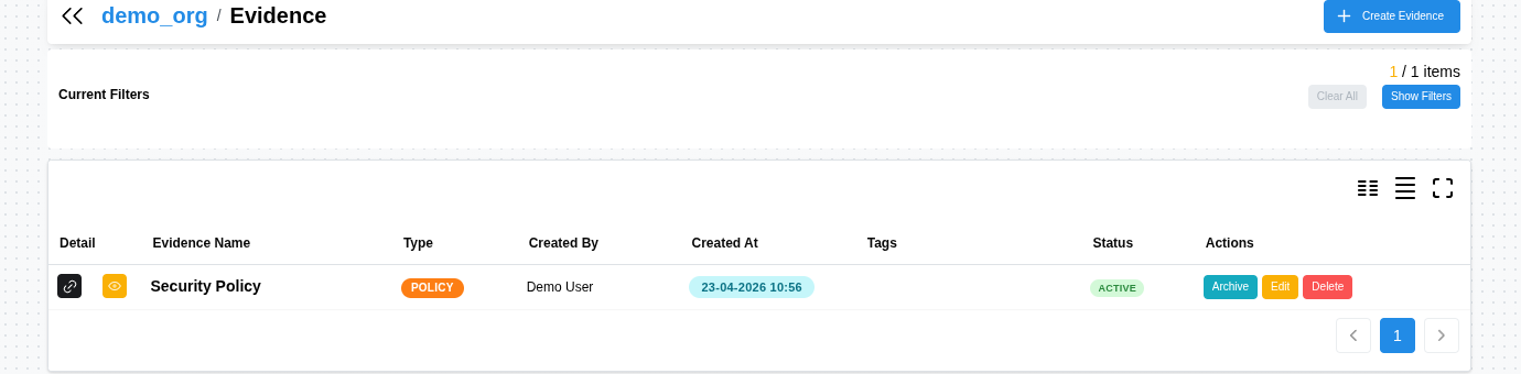 Evidence library with named records, types, and statuses