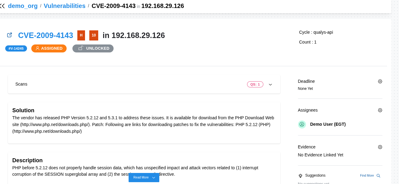Vulnerability instance with severity, scans, solution, and review rail
