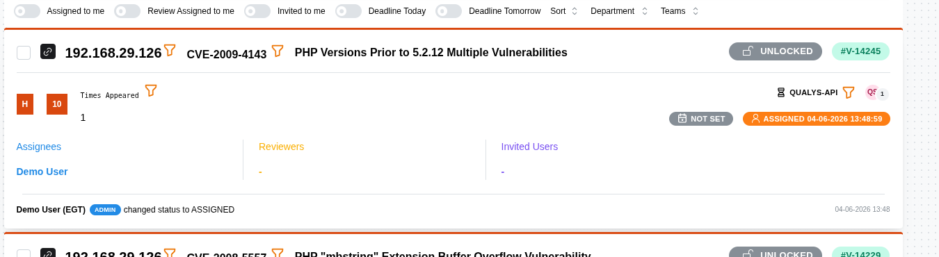 Ticket queue with assignees, reviewers, status, and deadlines